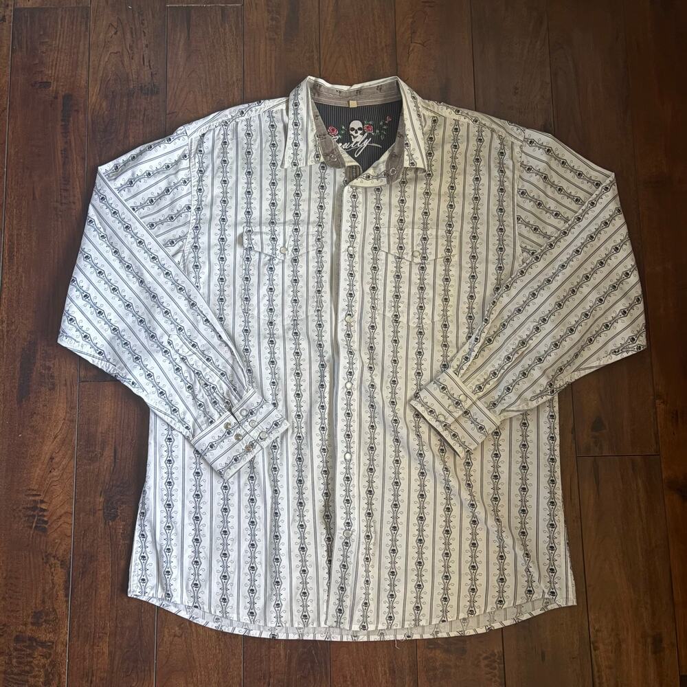 Scully Pearl Snap Shirt Mens XL White Skulls Stripes Western Y2K Skater Cowboy